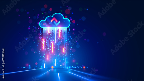 Cloud computing concept. Cloud storage. Digital internet technology. Database remote. Cloud technology. Data center. A digital cloud hangs above the surface and exchanges neon signals in form of rain.