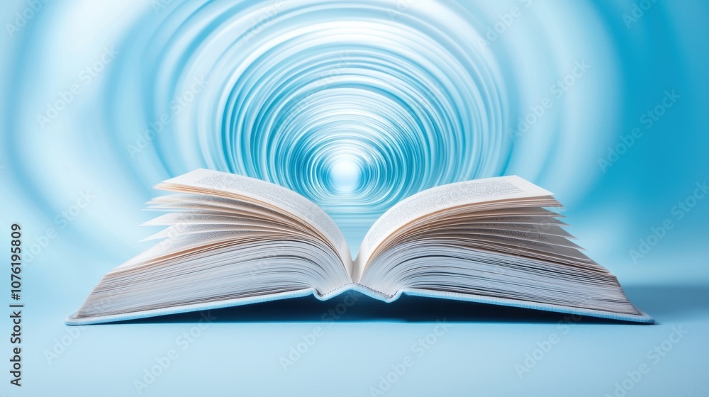 Growth through becoming a lifelong learner concept. An open book with swirling blue patterns in the background, conveying a sense of motion and imagination Growth through becoming a lifelong learner concept. An open book with swirling blue patterns in the background, conveying a sense of motion and imagination