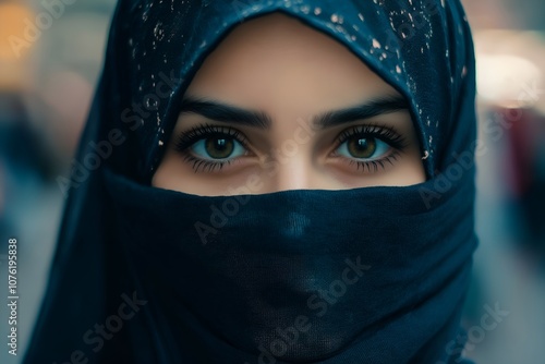 Headshot portrait of a woman in a hijab, showcasing her beautiful eyes and serene expression, with soft lighting highlighting her elegance and cultural pride