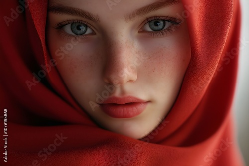 Headshot portrait of a woman in a hijab, showcasing her beautiful eyes and serene expression, with soft lighting highlighting her elegance and cultural pride