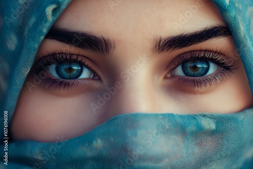 Headshot portrait of a woman in a hijab, showcasing her beautiful eyes and serene expression, with soft lighting highlighting her elegance and cultural pride