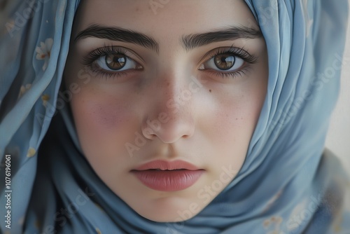 Headshot portrait of a woman in a hijab, showcasing her beautiful eyes and serene expression, with soft lighting highlighting her elegance and cultural pride