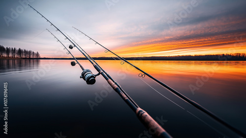 Three fishing rods extended over a calm reflective lake at sunrise with vibrant orange and pink sky and silhouetted trees in the distance