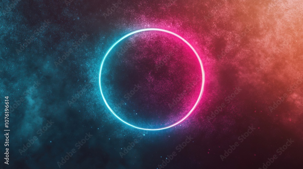 A neon circle glowing in vibrant pink and blue, set against a cosmic background, creating a futuristic and abstract look. A neon circle glowing in vibrant pink and blue, set against a cosmic background, creating a futuristic and abstract look.