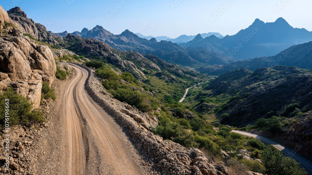 Winding dirt road through rocky mountain landscape with rugged peaks and lush green vegetation under clear blue sky Winding dirt road through rocky mountain landscape with rugged peaks and lush green vegetation under clear blue sky