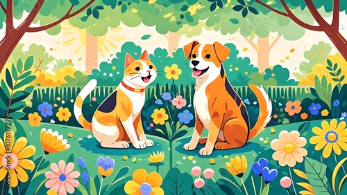 Vector image of a cat and a dog playing together in a green park, surrounded by colorful flowers and trees. Cheerful and friendly expressions.