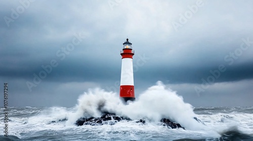 Dramatic Lighthouse on Cliff Amidst Raging Waves