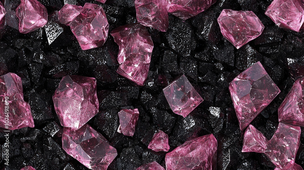 Shimmering pink crystals on black rocks: elegance in nature's design Shimmering pink crystals on black rocks: elegance in nature's design