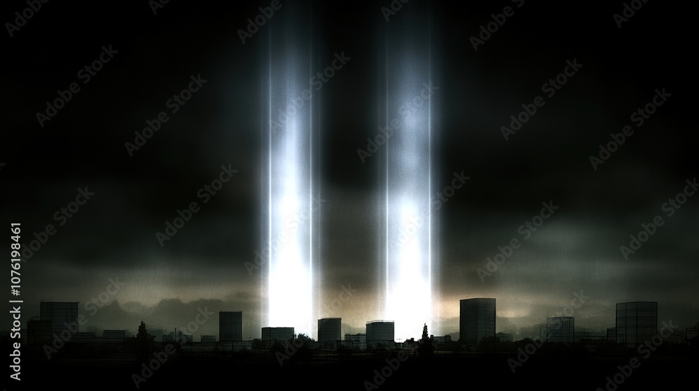 Twin beams of light rising into the night sky above a silhouette of city buildings, creating a powerful and somber tribute in a dark and moody atmosphere Twin beams of light rising into the night sky above a silhouette of city buildings, creating a powerful and somber tribute in a dark and moody atmosphere