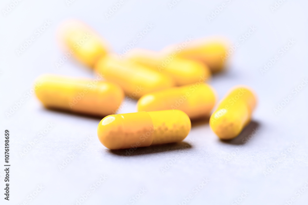 Vitamin C capsules. Bright background. Close up. Copy space. Vitamin C capsules. Bright background. Close up. Copy space.