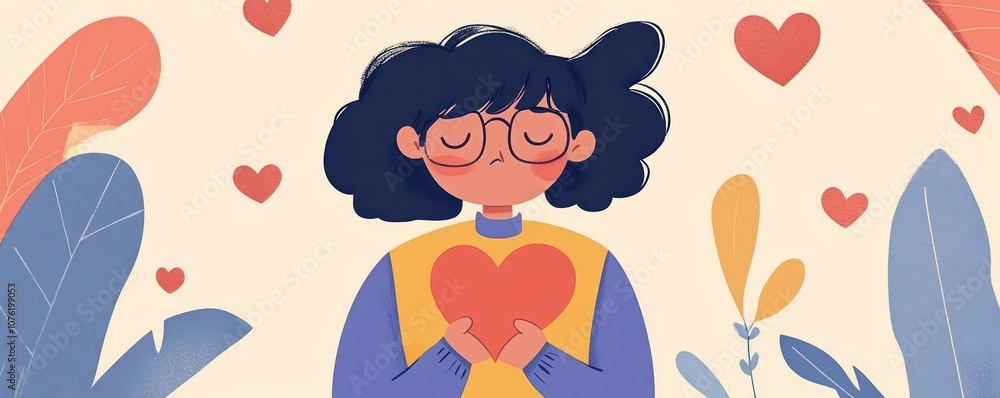 A person holding a heart surrounded by hearts and plants, symbolizing love and care. A person holding a heart surrounded by hearts and plants, symbolizing love and care.