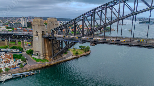 Aerial Drone view of Sydney Harbour bridge and Harbour foreshore Sydney NSW Australia photo