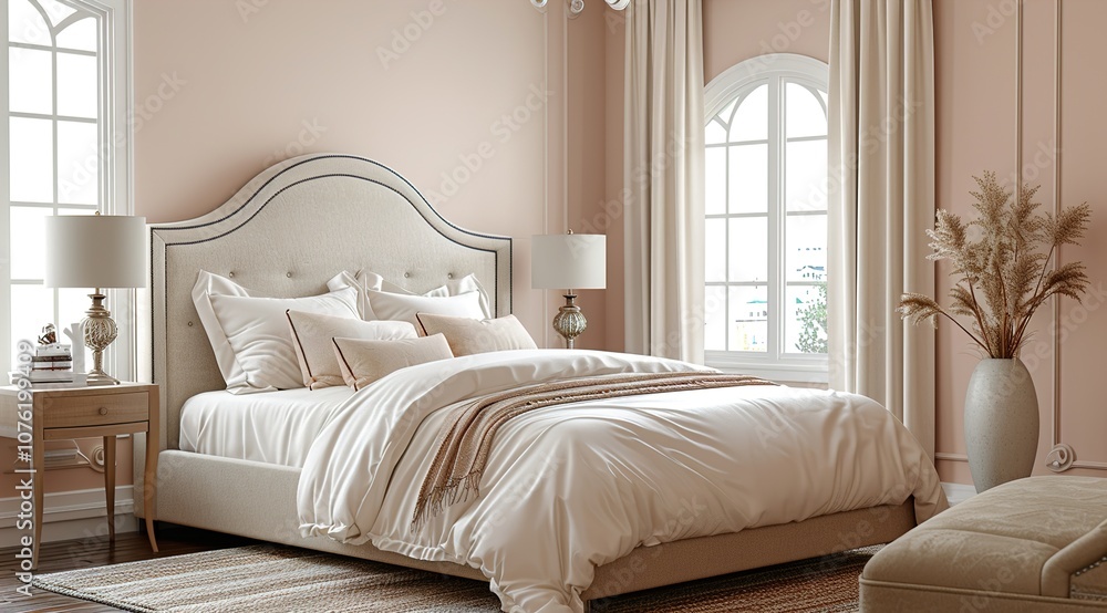 Close up pink bedroom with beige bed, pillows, lamp, vase with dry grass Close up pink bedroom with beige bed, pillows, lamp, vase with dry grass