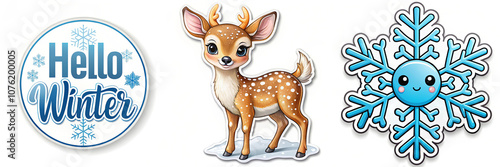 Hello Winter, Cute Deer, Snowflake Sticker Set