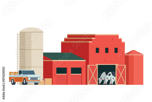 Red Barn building on white background vector illustration. Farm and agricultural asset. Farmhouse rural architecture.