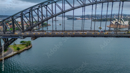 Aerial Drone view of Sydney Harbour bridge and Harbour foreshore Sydney NSW Australia photo