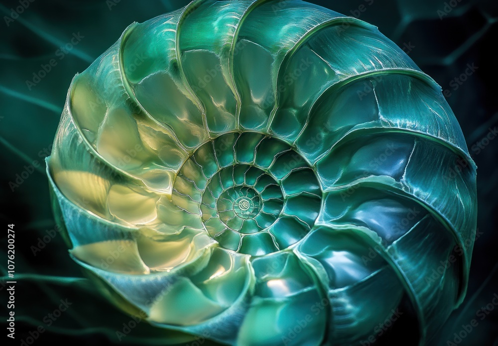 Close-up of a Green Nautilus Shell with a Spiral Pattern Close-up of a Green Nautilus Shell with a Spiral Pattern