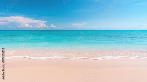 A serene beach scene featuring soft waves lapping against a sandy shore under a clear blue sky.