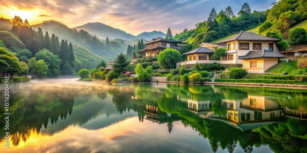Fototapeta premium Serene Architectural Landscape: Tranquil Settings with Harmonious Structures, Lush Greenery, and Soft Lighting for Peaceful Atmosphere in Nature and Architecture Photography