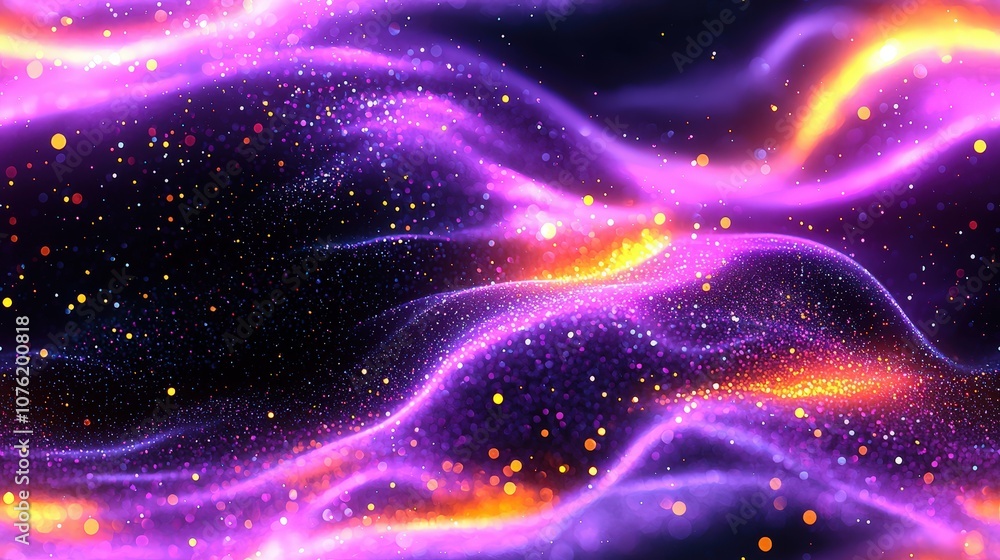 Vibrant neon waves and glittering particles in cosmic abstract motion Vibrant neon waves and glittering particles in cosmic abstract motion