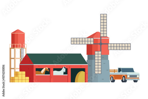 Red Barn building on white background vector illustration. Farm and agricultural asset. Farmhouse rural architecture.