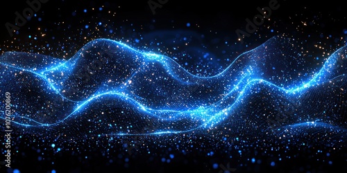 Abstract Blue and Gold Digital Wave with Glowing Particles