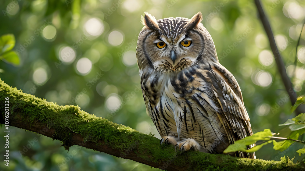 Fototapeta premium Owl sitting in a tree in the forest