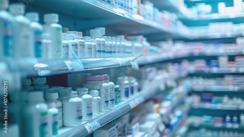 Aisle of White Bottles in Pharmacy