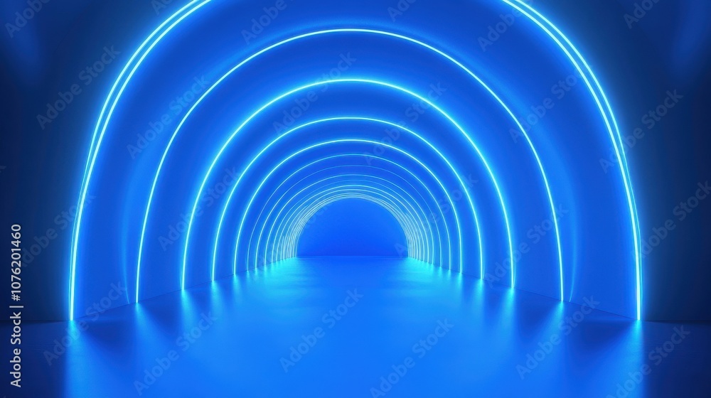 A mesmerizing blue-lit tunnel with glowing arcs illuminating the pathway, creating an immersive atmosphere. A mesmerizing blue-lit tunnel with glowing arcs illuminating the pathway, creating an immersive atmosphere.
