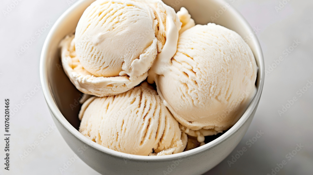 Close-up of three scoops of vanilla ice cream in a white bowl on a light background. Close-up of three scoops of vanilla ice cream in a white bowl on a light background.