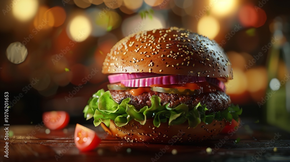 A close up shot of a gourmet fast food beet burger A close up shot of a gourmet fast food beet burger