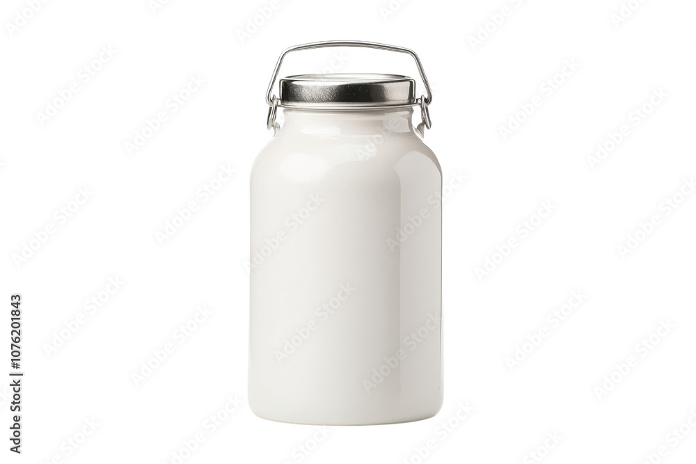 White ceramic jar with a metal lid on an isolated background. White ceramic jar with a metal lid on an isolated background.