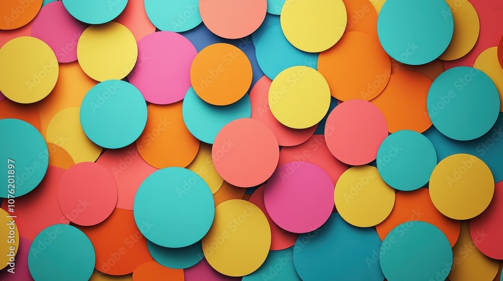 Bright and colorful circular cutouts in vibrant shades of blue, pink, orange, and yellow create a playful backdrop. Bright and colorful circular cutouts in vibrant shades of blue, pink, orange, and yellow create a playful backdrop.