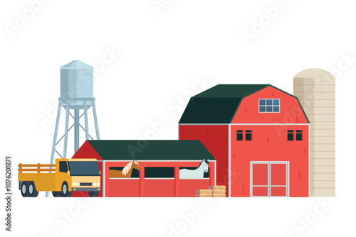 Red Barn building on white background vector illustration. Farm and agricultural asset. Farmhouse rural architecture.