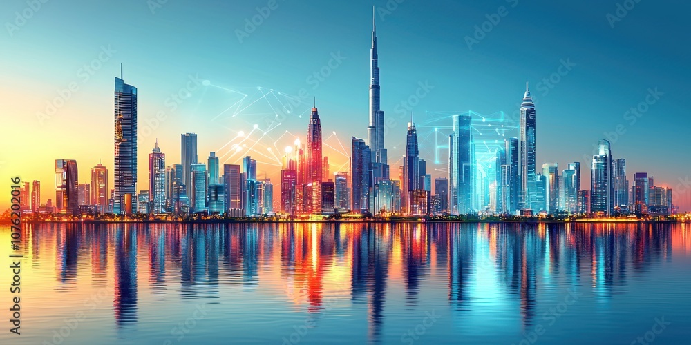 A Vibrant Skyline of Modern Skyscrapers Reflecting on Calm Water A Vibrant Skyline of Modern Skyscrapers Reflecting on Calm Water