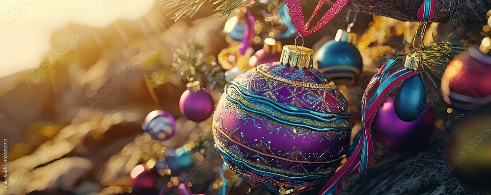 Joyful Christmas Ornament Scene with Ribbons and New Year Decorations Joyful Christmas Ornament Scene with Ribbons and New Year Decorations