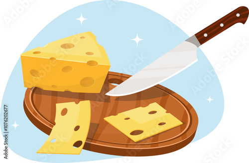 wooden cutting board with a piece of cheese and a knife