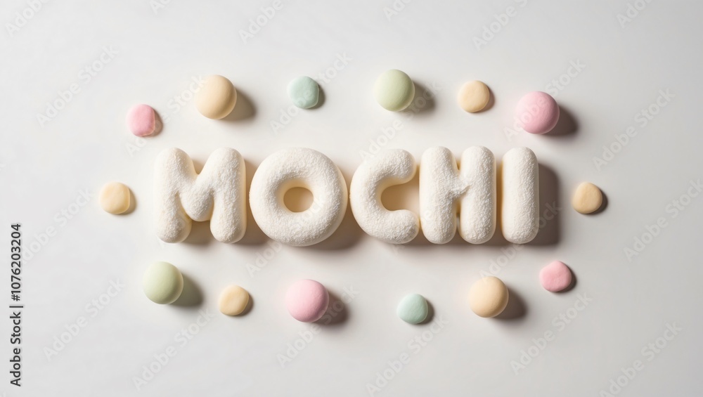 Soft and Colorful Mochi Dessert Spelling Out the Word Mochi With Delicate Pastel Shapes on a Clean White Surface for Food Photography Soft and Colorful Mochi Dessert Spelling Out the Word Mochi With Delicate Pastel Shapes on a Clean White Surface for Food Photography