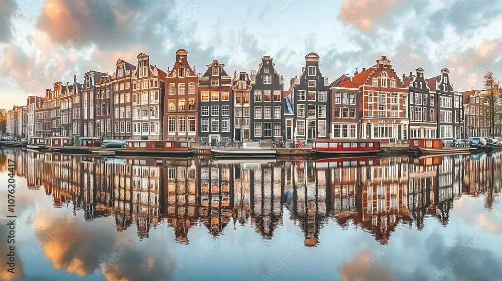Obraz premium Authentic buildings of Amsterdam and trees covered with orange and crimson leaves reflected in the calm waters of famous Dutch channel. Stunning morning scene of Netherlands, Europe.