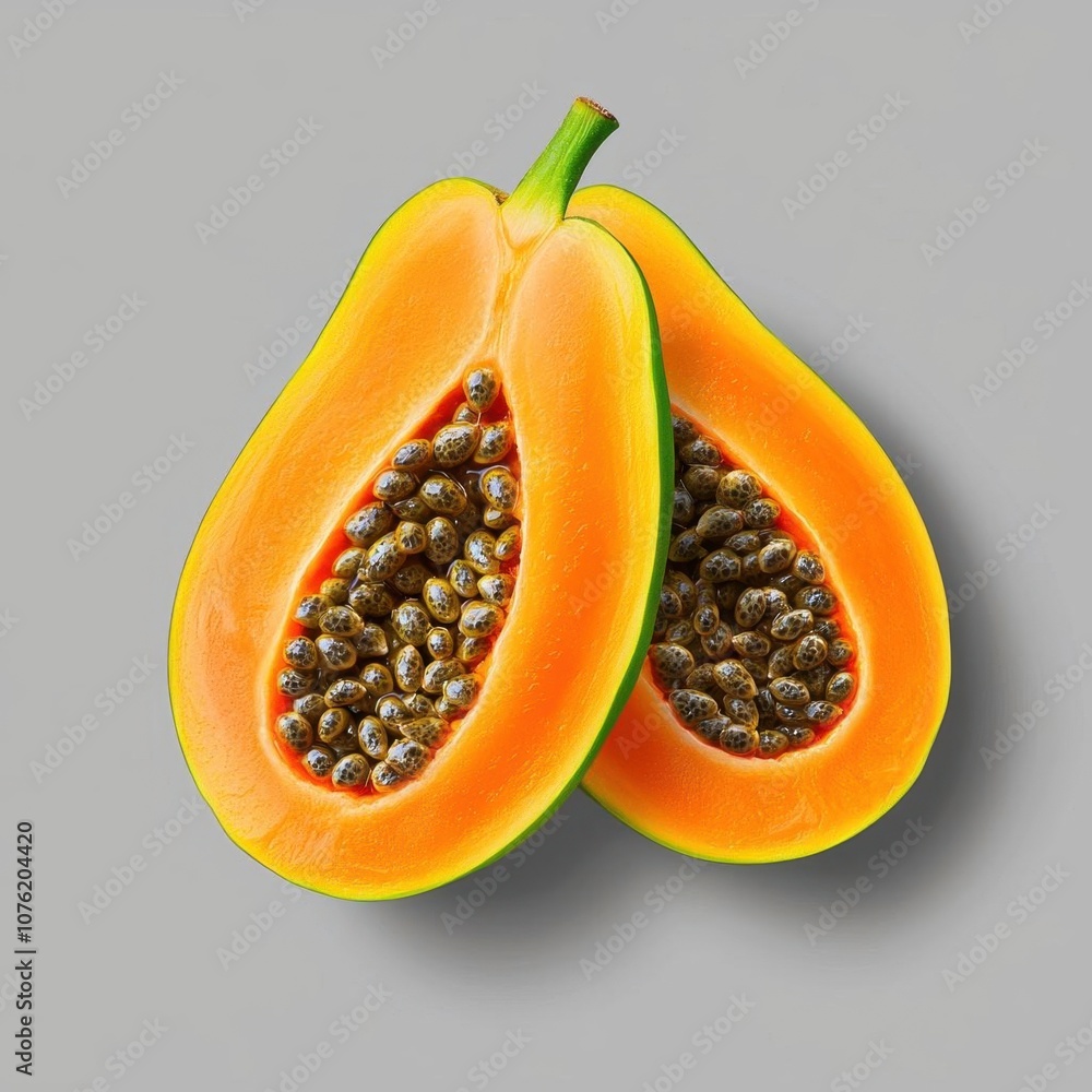 A photostock of exotic papaya fruit with seeds exposed, ideal for tropical or health food themes, isolated on transparent PNG background, High Quality A photostock of exotic papaya fruit with seeds exposed, ideal for tropical or health food themes, isolated on transparent PNG background, High Quality