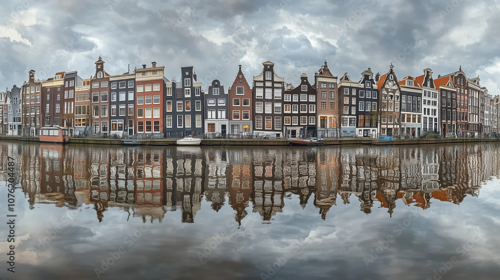 Authentic buildings of Amsterdam and trees covered with orange and crimson leaves reflected in the calm waters of famous Dutch channel. Stunning morning scene of Netherlands, Europe. Authentic buildings of Amsterdam and trees covered with orange and crimson leaves reflected in the calm waters of famous Dutch channel. Stunning morning scene of Netherlands, Europe.