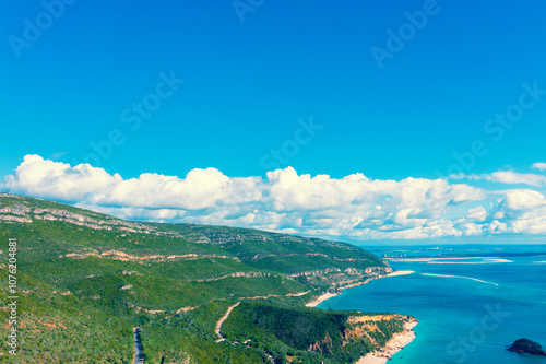 Panoramic aerial view of Arrabida beach. Rocky seascape. Creiro beach and Galapinhos beach. Setubal region, Atlantic Ocean, Portugal photo