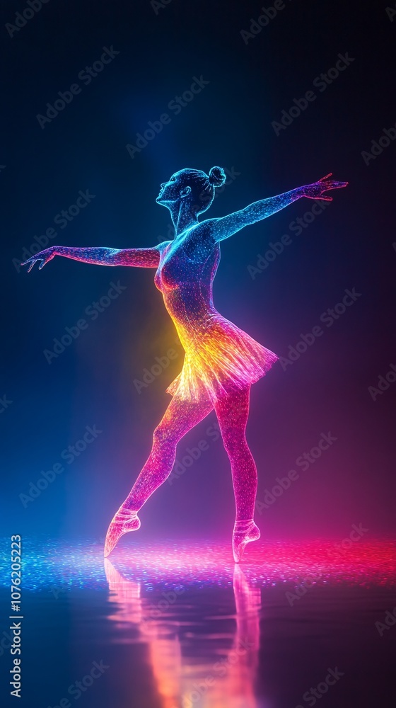 Vibrant Holographic Silhouette of a Female Dancer in Motion with Grace Vibrant Holographic Silhouette of a Female Dancer in Motion with Grace