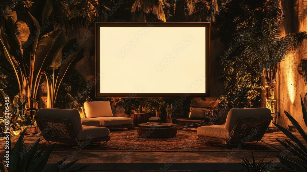 Cozy Outdoor Home Theater Setup with Comfortable Seating Surrounded by Lush Greenery and Ambient Lighting for Enjoying Movies Under the Stars Cozy Outdoor Home Theater Setup with Comfortable Seating Surrounded by Lush Greenery and Ambient Lighting for Enjoying Movies Under the Stars