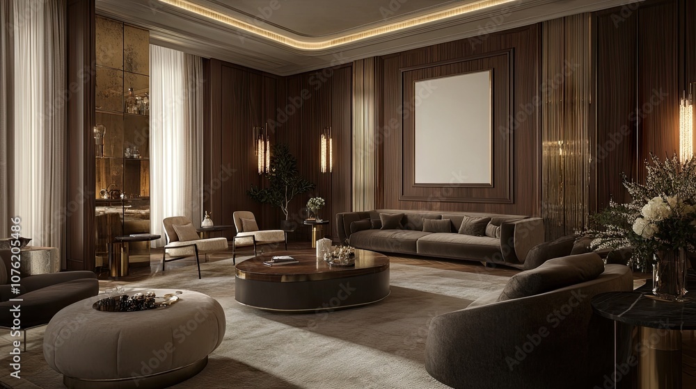 Fototapeta premium Elegant and Modern Living Room Interior Design Featuring Warm Tones, Chic Furniture, and Sophisticated Decor for a Luxurious Ambiance in a Contemporary Setting
