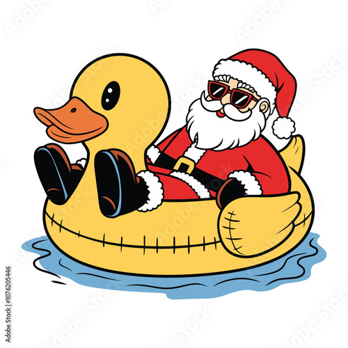 Santa Relaxing on Rubber Duck Float in Water Illustration