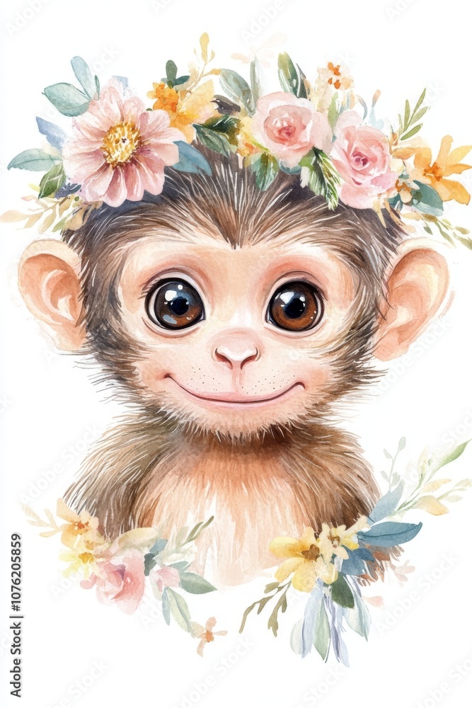 Obraz premium Adorable watercolor portrait of a baby monkey adorned with a floral crown, radiating charm and playfulness in a vibrant setting. Generative AI
