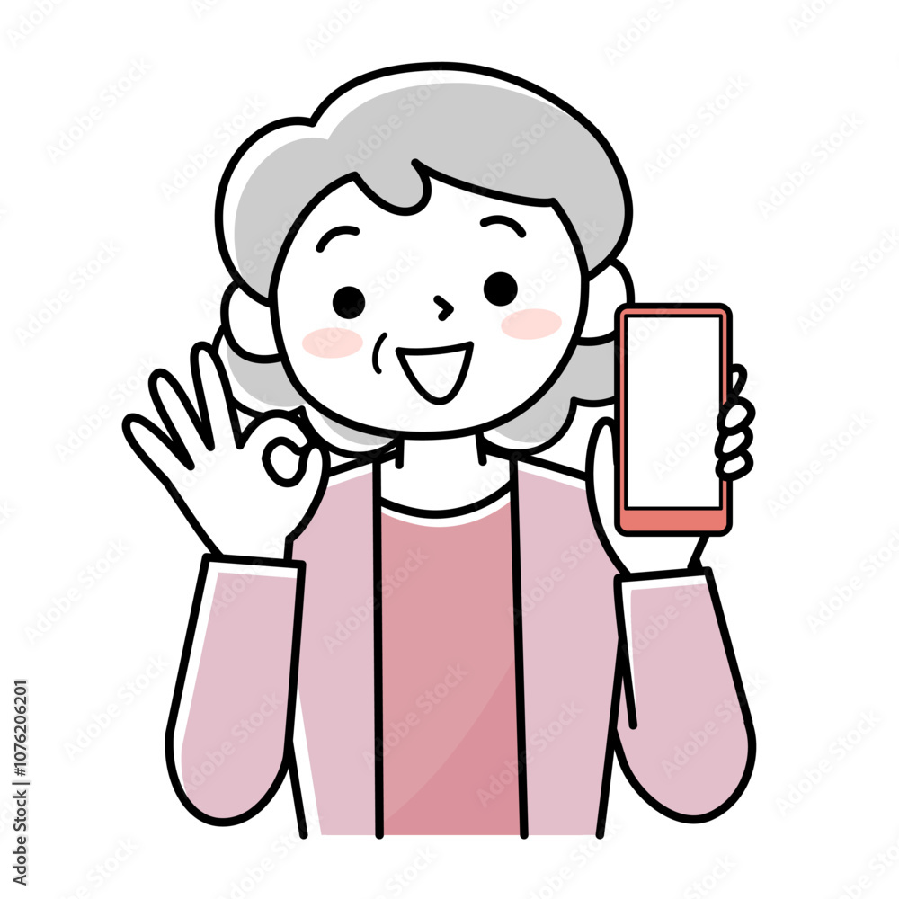 スマホを持ってOKサインをするシニア女性のイラスト