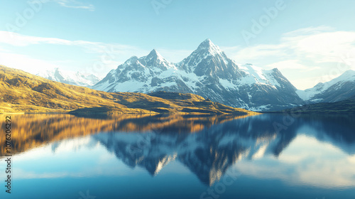 A breathtaking landscape of snow-capped mountains reflecting in a calm lake under a bright blue sky, emphasizing natural beauty for travel.