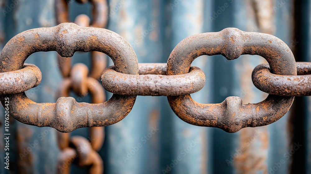 Close-up of rusty metal chain links with worn texture against a blurred background of industrial steel beams, emphasizing decay and industrial wear. Close-up of rusty metal chain links with worn texture against a blurred background of industrial steel beams, emphasizing decay and industrial wear.